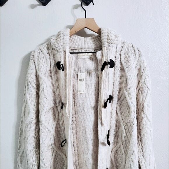 Anthropologie Nordic Hooded Cable-Knit Cardigan In Sand (Ivory) Size XS/S NWT - Picture 7 of 10